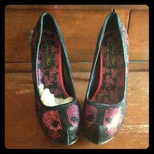Pink and Black Skull Iron Fist Sequin Heels